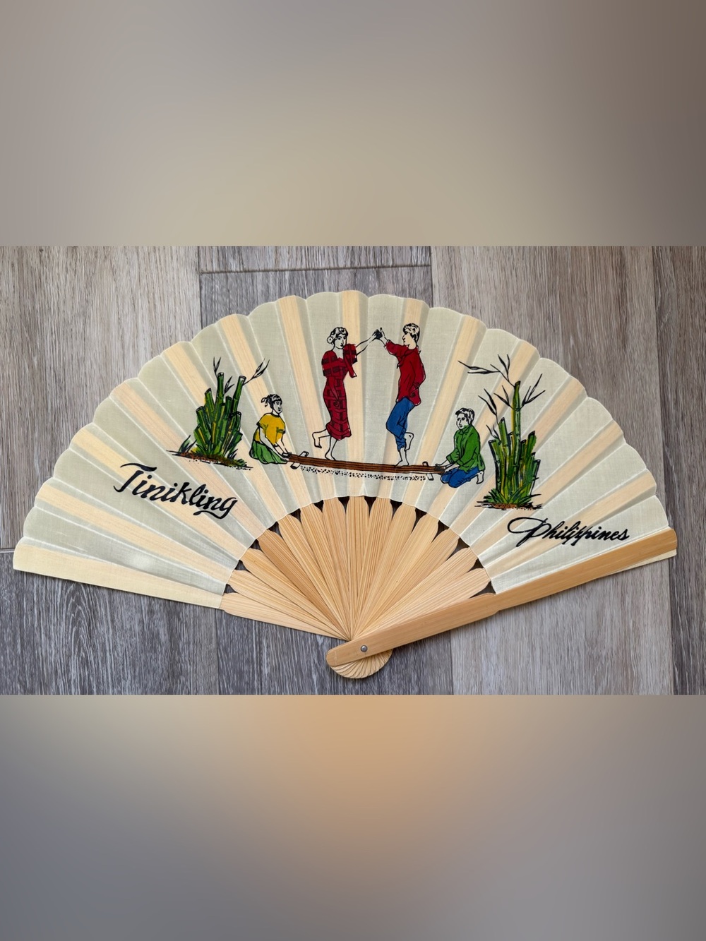 Hand Painted Philippine Souvenir Folding Fan - Cream with Multicolor Figures